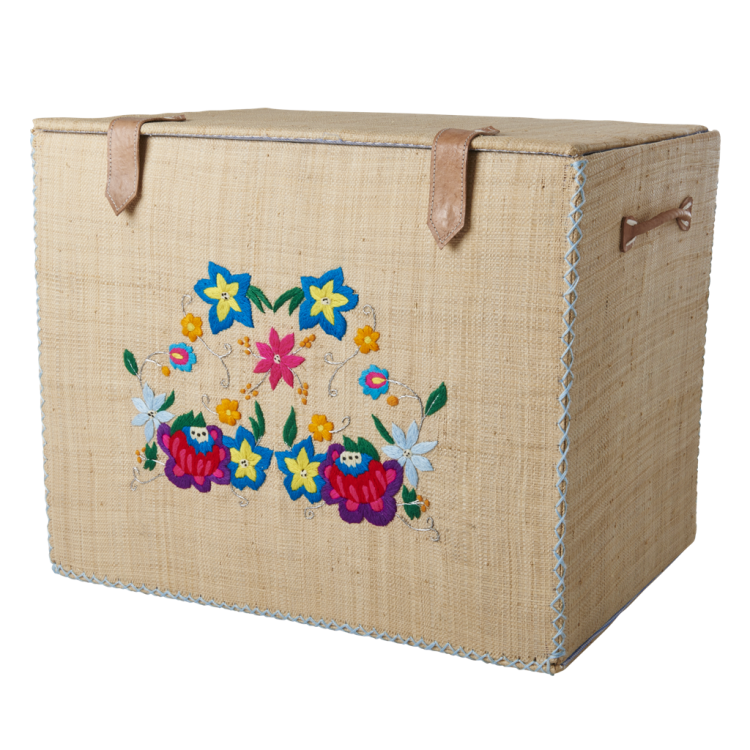 Large Natural Raffia Storage Basket Embroidered Flowers Rice Vibrant Home
